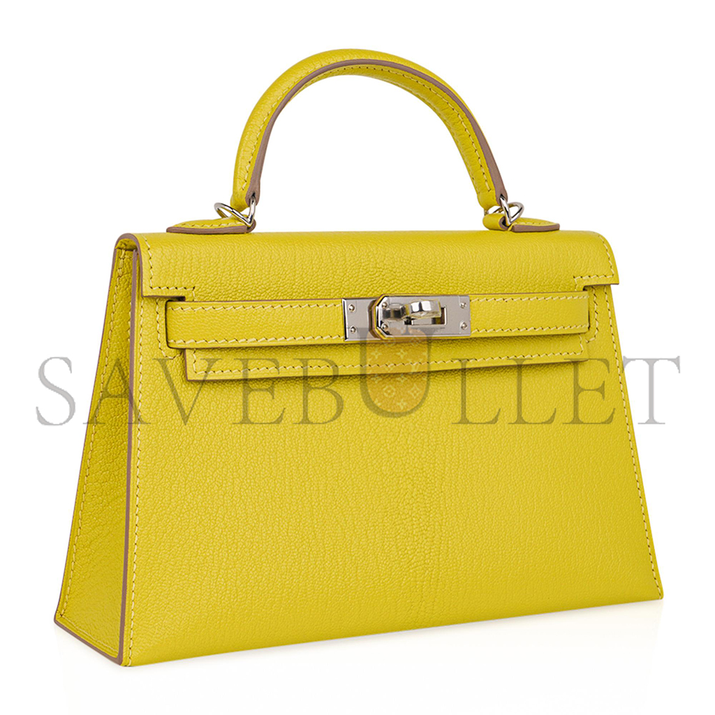 HERMÈS MINI KELLY II LIME CHEVRE LEATHER PALLADIUM HARDWARE (19*12*5.5cm) 